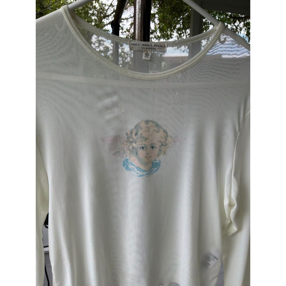Truly Madley Deeply Sz L Ivory Sheer Mesh Cropped Long Sleeve Angel Cherub Love